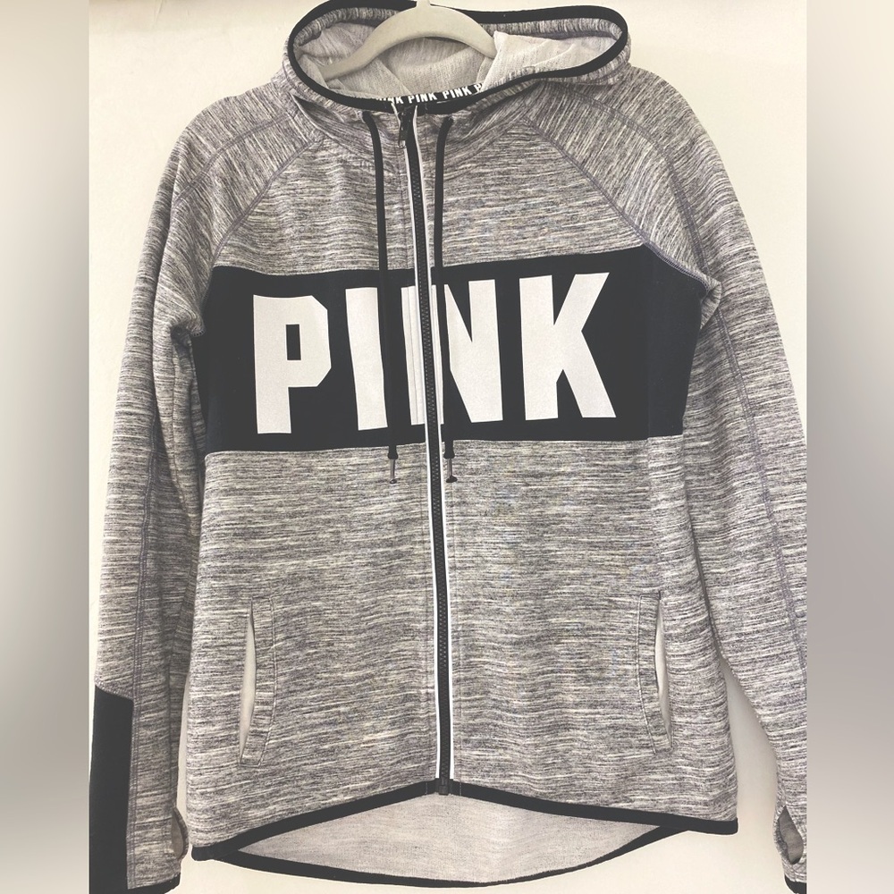 ❤️❤️PINK Victoria Secret Graphic Logo Zipped Up Hooded Gray Black White Jacket
